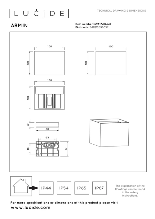 Lucide ARMIN - Foco de pared / Lámpara de pared Baño - LED Regul. - CCT - 2x3,5W 2200K/3000K - IP54 - Taupe - Essential - técnico